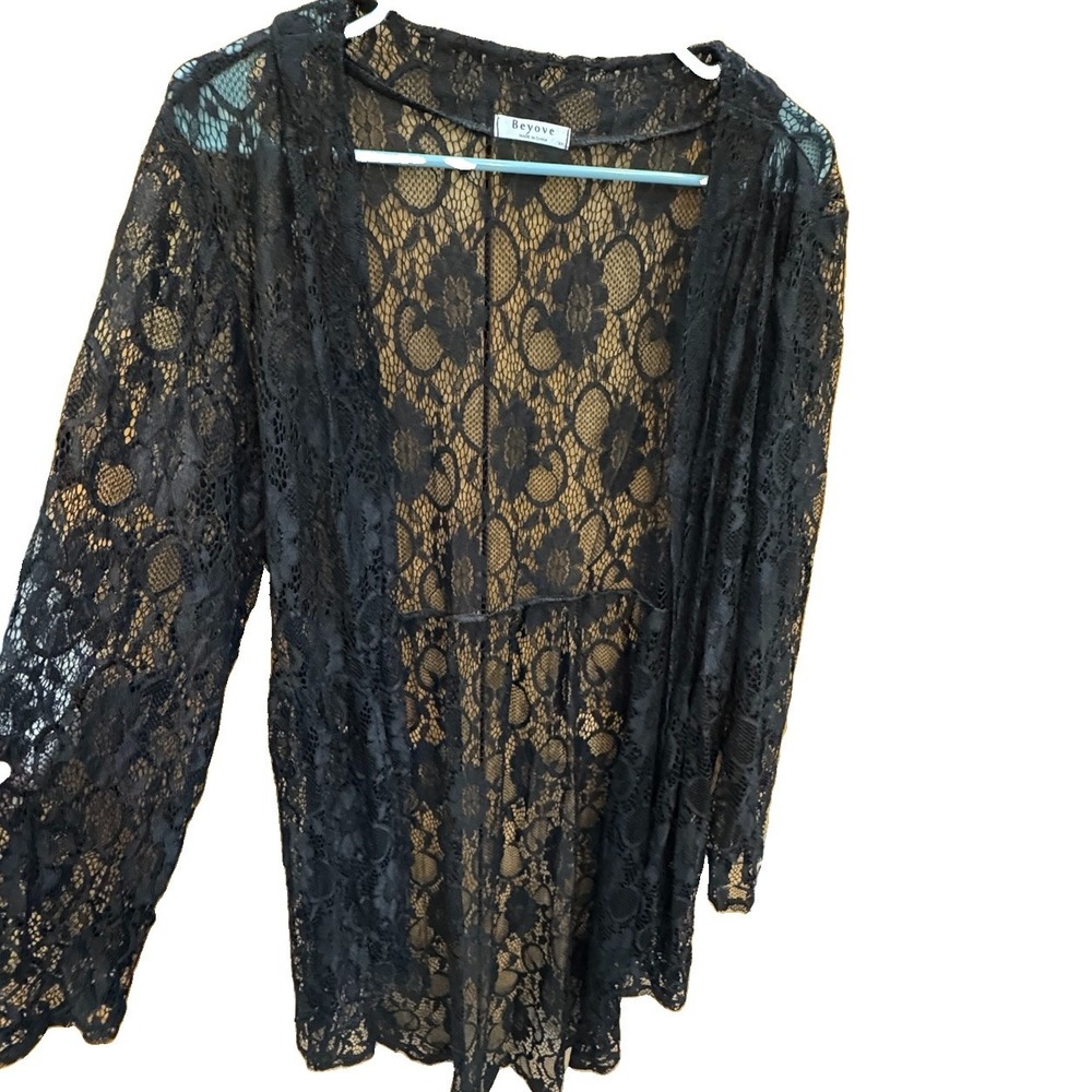 Beyove Sz XXL*** Black Lace Cover Up Cardigan Floral Fairy Long Sleeve
